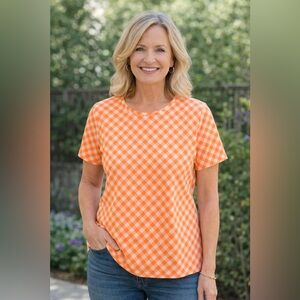 Talbots XL Peach & White Gingham Tee Soft Stretchy Knit Spring Summer Resort Top
